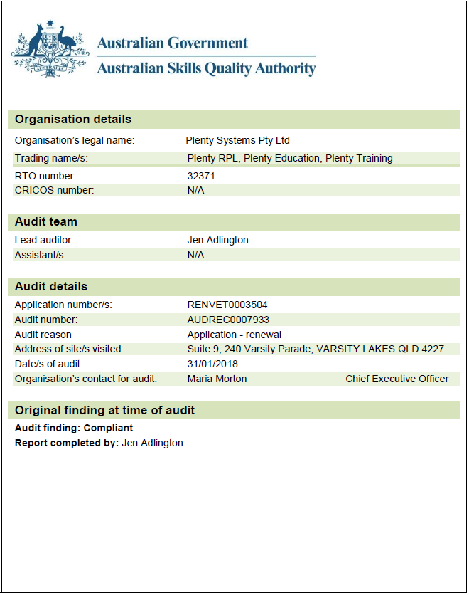Compliance Audit ASQA_2018_audit_report_Plenty_Training